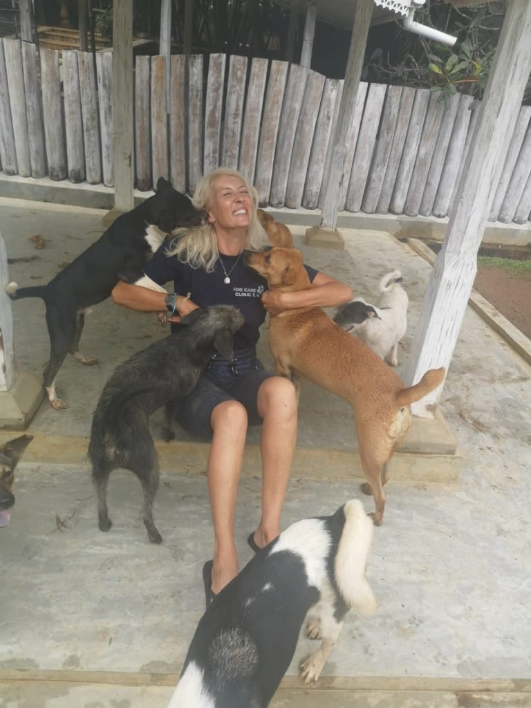 Jayne surrounded by rescue dogs volunteering in Sri Lanka